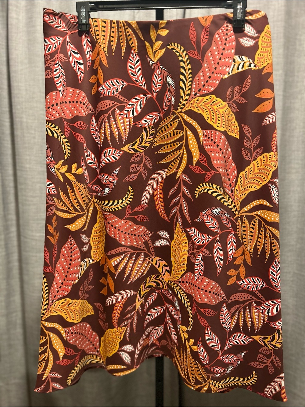 Rafaella Brown Midi Skirt with Yellow and Coral Leaf Print